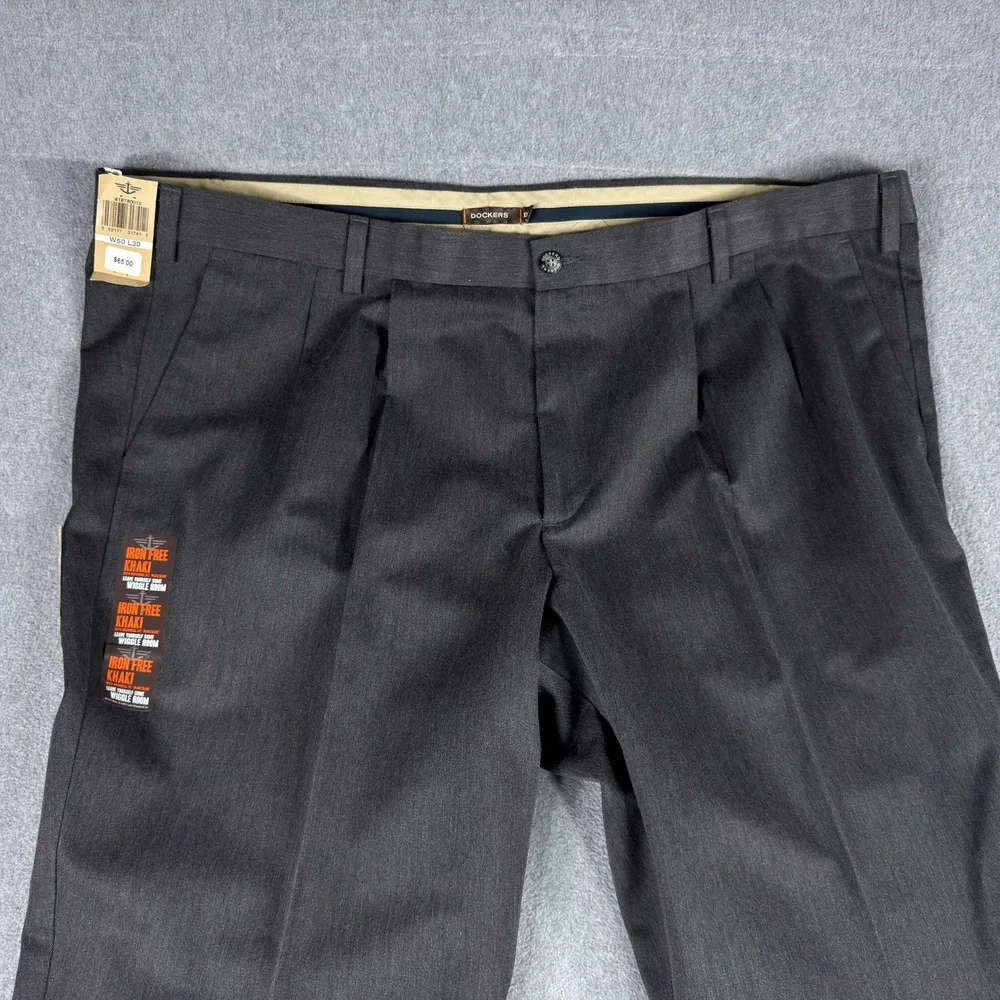 Dockers Pants D3 Mens 50x30 Big & Tall Navy Gray Pleated Flex Comfort